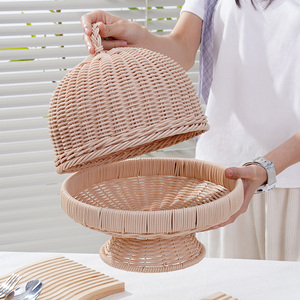 Rustic Woven <strong>Circle</strong> Footed Serving <strong>Tray</strong> with Lid PP Rattan Eco-Friendly Food Platter for Home Kitchen - Product Image 4