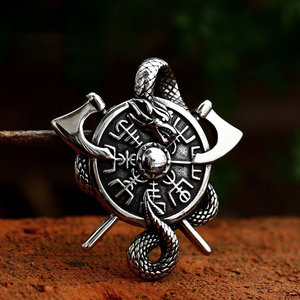 Liontin Viking kapak Nordik Modern, liontin Stainless Steel kompas Nordik Naga untuk pria - Product Image 1