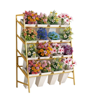 Présentoir à fleurs en métal doré à 5 niveaux, support pour plantes de fleuriste avec 20 seaux blancs et plateau de drainage, idéal pour les mariages et la vente en gros