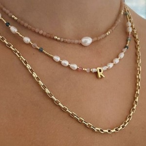 Collar de Estilo Boho con Varias Capas para Mujer, 26 Letras Iniciales, Piedra Natural, Perla de Agua Dulce, Cadena con Cuentas, Joyería de Moda - Product Image 2