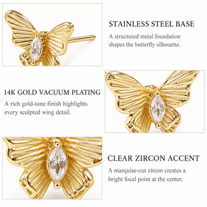 Pendientes de Mariposa Dorados para Mujer, Acero Inoxidable con Circonita Transparente, Pendientes de Ala Esculpida con Baño de Oro de 14K - Product Image 4