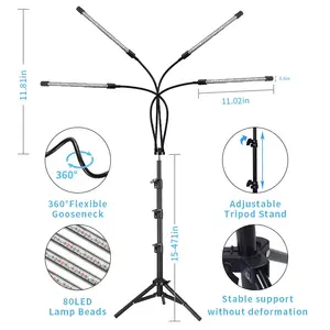 High Efficacy Four Head 80W Timer Function 4H 8H 12H Plant Lamp Folding Tripod Stand Dimmable LED Grow Light With Remote Control