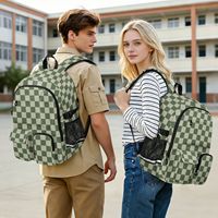Sac à dos d'étudiant rembourré pour ordinateur portable de 17 pouces, motif à carreaux vert multi-poches, logo personnalisé, sac à dos de voyage pour l'école avec sangle de bagage