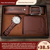 Set Hadiah Pria Jam Tangan Dompet Sabuk Kombinasi Kemasan Mewah Fashion Kronograf Paduan Logam Tahan Karat Hadiah Bisnis Grosir
