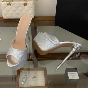 Zapatillas de tacón de aguja con lentejuelas y plataforma para mujer, sandalias de verano con punta abierta, para banquetes, de goma - Product Image 4