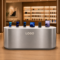 Comptoir d'exposition électronique de luxe en métal robuste, réglable et personnalisable, avec logo rétroéclairé pour l'identité de marque
