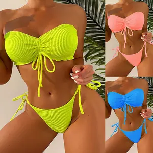 2024 New Cute Beach Girl Drawing Rope Solid Color Two Pieces Bandeau Bikini Women Swimsuit