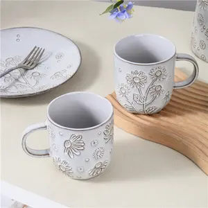 New Design Office Porcelain Drinkware Embossed Mugs and Cup Wholesale Ceramic Mug Coffee Cups with Handle