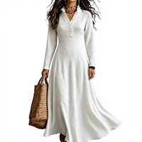 Robe élégante à manches longues de couleur unie, col à volants, taille cintrée, robe longue pour femmes ODM/OEM