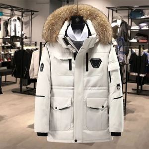 Men's Winter Warm Slim Hooded Thick <b>White</b> Duck Puffer Coat Cross-Border Short Style 95% Printed Canvas Zipper Drum Packaging - Product Image 2
