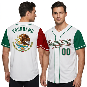 Maillot de baseball personnalisé Mexique unisexe col en V manches courtes blanc vert rouge avec impression nom et numéro de l'équipe respirant anti-humidité - Product Image 1