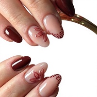Lefan 3D wijnrode bloemen Franse stijl opzetnagels met luipaardprint bloemen amandelvormige tips