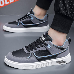 Men's 2026 Spring New Leather Panel <b>Lace</b>-Up <b>White</b> Casual Sneakers Breathable Trendy Shoes - Product Image 1