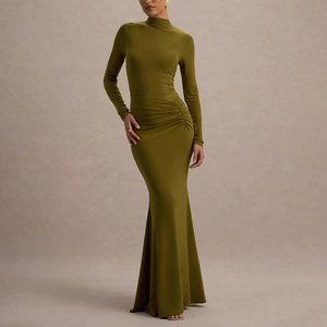 ZYHT 75136 Produttore OEM ODM Abito Lungo a Sirena con <span class=keywords><strong>Maniche</strong></span> <span class=keywords><strong>Lunghe</strong></span> Verde <span class=keywords><strong>Marrone</strong></span> con Arricciature - Product Image 1