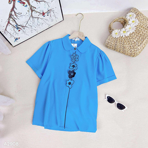 7 days Delivery Time Women Short Sleeve <b>Shirt</b> with Floral Applique <b>Office</b> Casual Solid Top All Seasons Female Vietnam Woven - Product Image 1