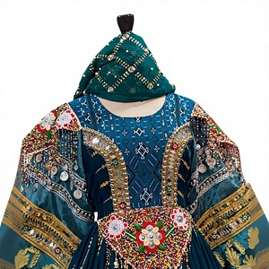 Robe longue en velours vert foncé brodée, col bijou, coupe trapèze, style bohème, manches longues, ornée de perles, tenue de soirée ethnique - Product Image 2