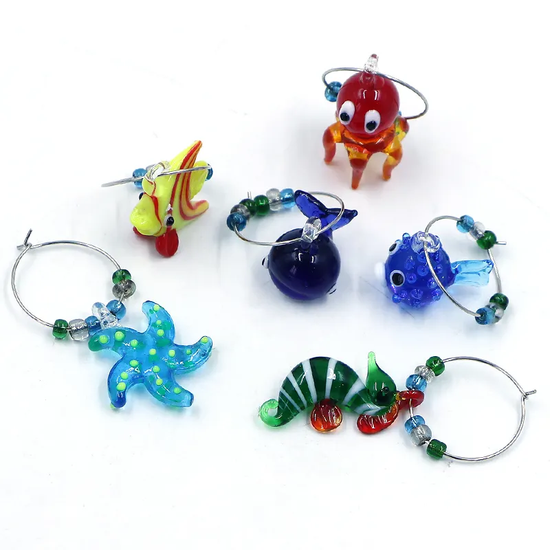 Fashional Handcrafted Sea Animal Metal Glass Ring Charms Set Tag For Wine Glasses Drinking Tools