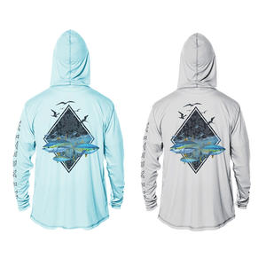 เสื้อตกปลาแขนสั้นพิมพ์โลโก้ตามสั่ง ขายส่ง พร้อมฮู้ดกันแดด ป้องกันรังสียูวี SPF UPF 50 ผลิตจากโพลีเอสเตอร์ระบายอากาศ สำหรับผู้ชายและผู้หญิง - Product Image 2