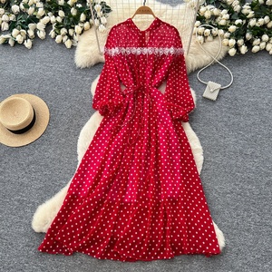 Nuevo Vestido de Mujer con Cuello Alto y Volantes de Encaje con Estampado de Puntos, Estilo Casual Maxi para Primavera - Product Image 5