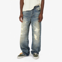 Jean baggy pour homme en denim, déchiré, avec patchs et tâches, bleu vintage, coupe large, style streetwear, personnalisé