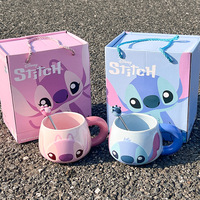Tasse en céramique de dessin animé avec poignée et cuillère, ensemble pour la maison et le bureau, mug en céramique rose et bleu, boîte cadeau 500 ml