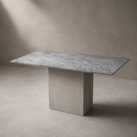 Table à manger en marbre artificiel gris naturel avec piétement en béton léger, design moderne et personnalisé pour villas, hôtels et restaurants