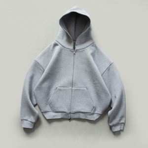 Sweat à capuche court 100 % coton avec fermeture éclair, logo personnalisé, double fermeture éclair, en molleton bouclette noir - Product Image 2