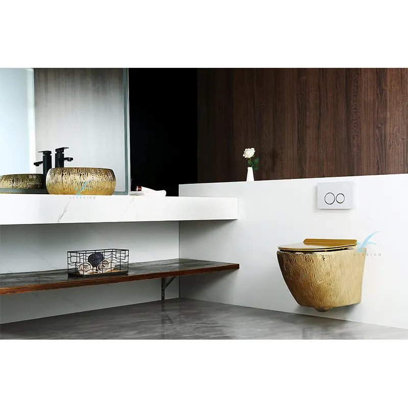 hot sale gold plated bathroom sanitary tree pattern wall mounted toilet suspended and counter top decorative basin set
