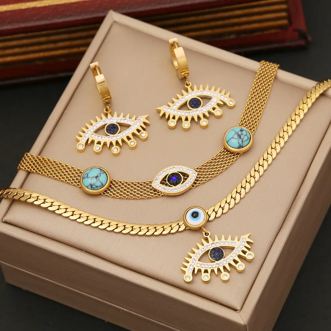 Kalung mata pirus personalisasi Set perhiasan baja tahan karat wanita kalung liontin mata