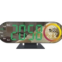Horloge de table numérique à LED avec miroir, affichage de la date, du jour et de la température, lumière d'ambiance nocturne colorée