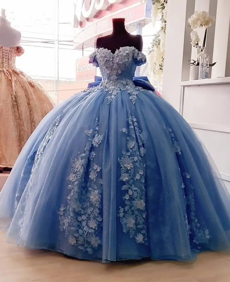 QD1537 Mexican Dusty Blue Quinceanera Dress with 3D Floral Applique Vestidos XV Sweet 16 Dress Bow Back Ball Gowns 2022