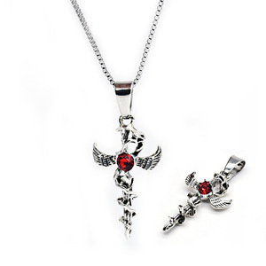 <b>Cross</b> Pendant Necklace With Red Gem Angel Wings Unisex Fashion Jewelry Gift - Product Image 1