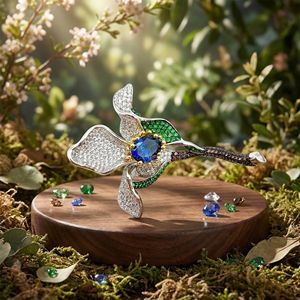 Broche Fleur d'<span class=keywords><strong>Iris</strong></span> en Argent Sterling 925 Plaqué Or, Pierre Précieuse Bleue et Émail Vert avec Pavé CZ, Bijou Élégant d'Inspiration Naturelle - Product Image 4