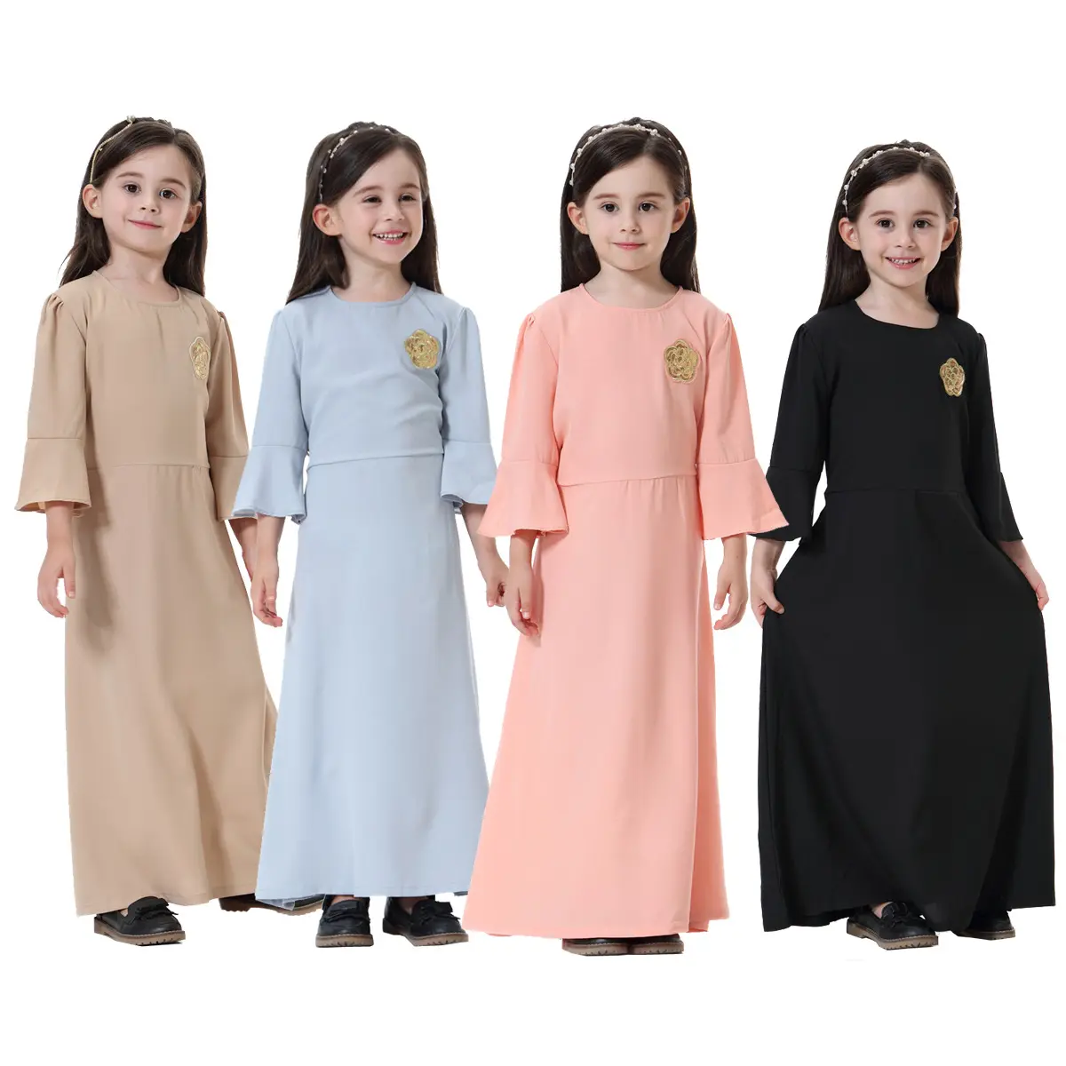 Hồi Giáo Quần Áo Trẻ Em Cô Gái Ăn Mặc Abaya Robe Dubai Dài Thobe Loe Tay Áo Trẻ Em Dresses Hồi Giáo Quần Áo