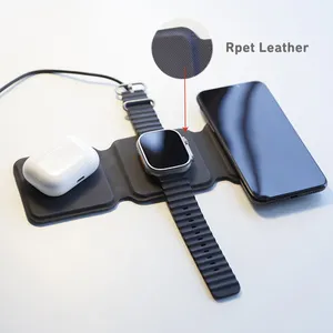 Leather Magnetic Foldable Charger Station Cellphone Headphones Smart Watch Fast Travel Charger 3 in 1 foldable wireless charger