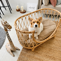 Lit pour animaux de compagnie en rotin tressé avec coussin, style tissé, pour petits chiens, nid pour chat avec oreiller