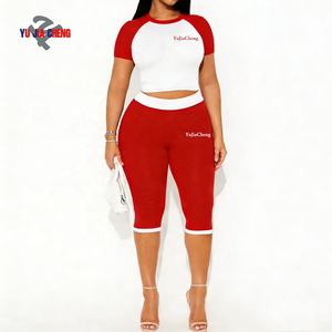 Kaos Raglan Crop dan Legging Capri Pinggang Tinggi, Set Olahraga Dua Potong Warna Kontras untuk Wanita, Pakaian Santai - Product Image 4