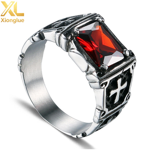 Anillo de Cruz Religiosa de Acero Inoxidable 316 con Gema y Cristal de Rubí, Estilo Hip Hop Punk, Venta al por Mayor de Fábrica, LOGO Personalizado - Product Image 1