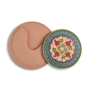 Luxury Style Popular Fashion Design Round Shape Lady Printed Brand PU Leather Cosmetic Mirror