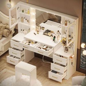 <span class=keywords><strong>Commode</strong></span> de chambre à coucher <span class=keywords><strong>en</strong></span> laque blanche haut de gamme avec éclairage LED et miroir sur pied, table de maquillage moderne de luxe <span class=keywords><strong>en</strong></span> bois avec rangement - Product Image 4