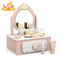 Ensemble de coiffeuse princesse en bois avec miroir ovale, décoration en nœud, tiroir de rangement et accessoires de maquillage en bois pour filles W10D831B