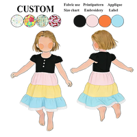 Robe décontractée à volants pour filles, color block, manches courtes bouffantes, boutonnée sur le devant, ourlet en dentelle, tenue printemps-été pour enfants