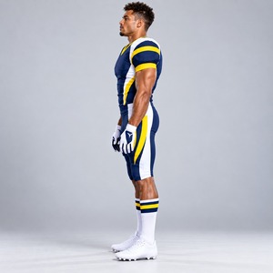 Uniforme de football américain pour hommes, best-seller, bleu marine, jaune, blanc, impression par sublimation, polyester respirant, vêtements de sport, taille adulte - Product Image 5
