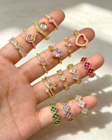 Cincin Emas Rantai Ramping & Cincin Terbuka Motif Evil Eye, Ukuran Dapat Disesuaikan, Cincin Jari Bertumpuk Kristal CZ Berkilau untuk Wanita Muda
