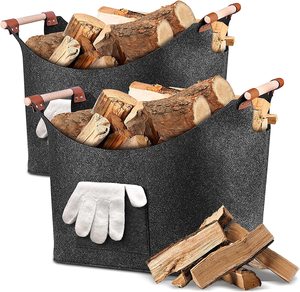 Thick Felt Foldable Large Wood Basket for Firewood with Reinforced Wooden Handle