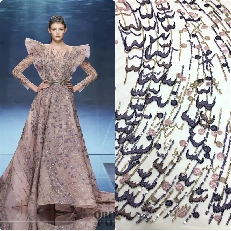 Nouvelle collection france couture tissu de mariage de luxe design Tulle perlé dentelle tissu