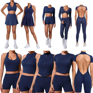 Ensembles de yoga sans couture bleu marine premium pour femmes avec justaucorps dos nu et short taille haute 2 pièces – Collection Fitness - Product Image 1