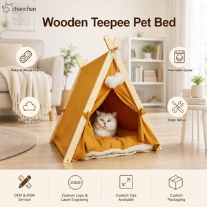 Tente <span class=keywords><strong>tipi</strong></span> pour chat en bois, structure en bois naturel, housse en toile lavable, coussin en peluche, pompons, <span class=keywords><strong>lit</strong></span> pour chat d'intérieur, chatons - Product Image 1