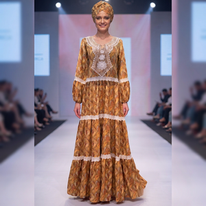 Vestido Maxi Africano Tradicional para Mujer, Ligero, Transpirable y Ecológico, con Estampado Floral Dorado y Ribete de Encaje, Estilo Bishop - Product Image 4
