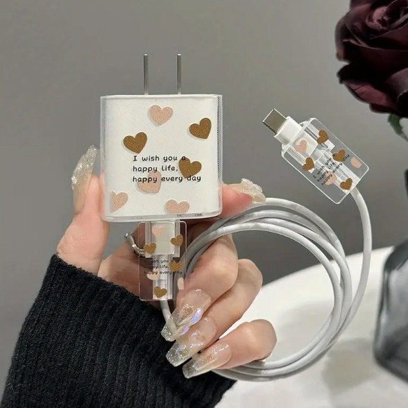 Hot Sale Cute Yellow Heart Shape Pattern Protector Cover for iPhone 20W Charger USB Case Wire Cable Protector Wholesale